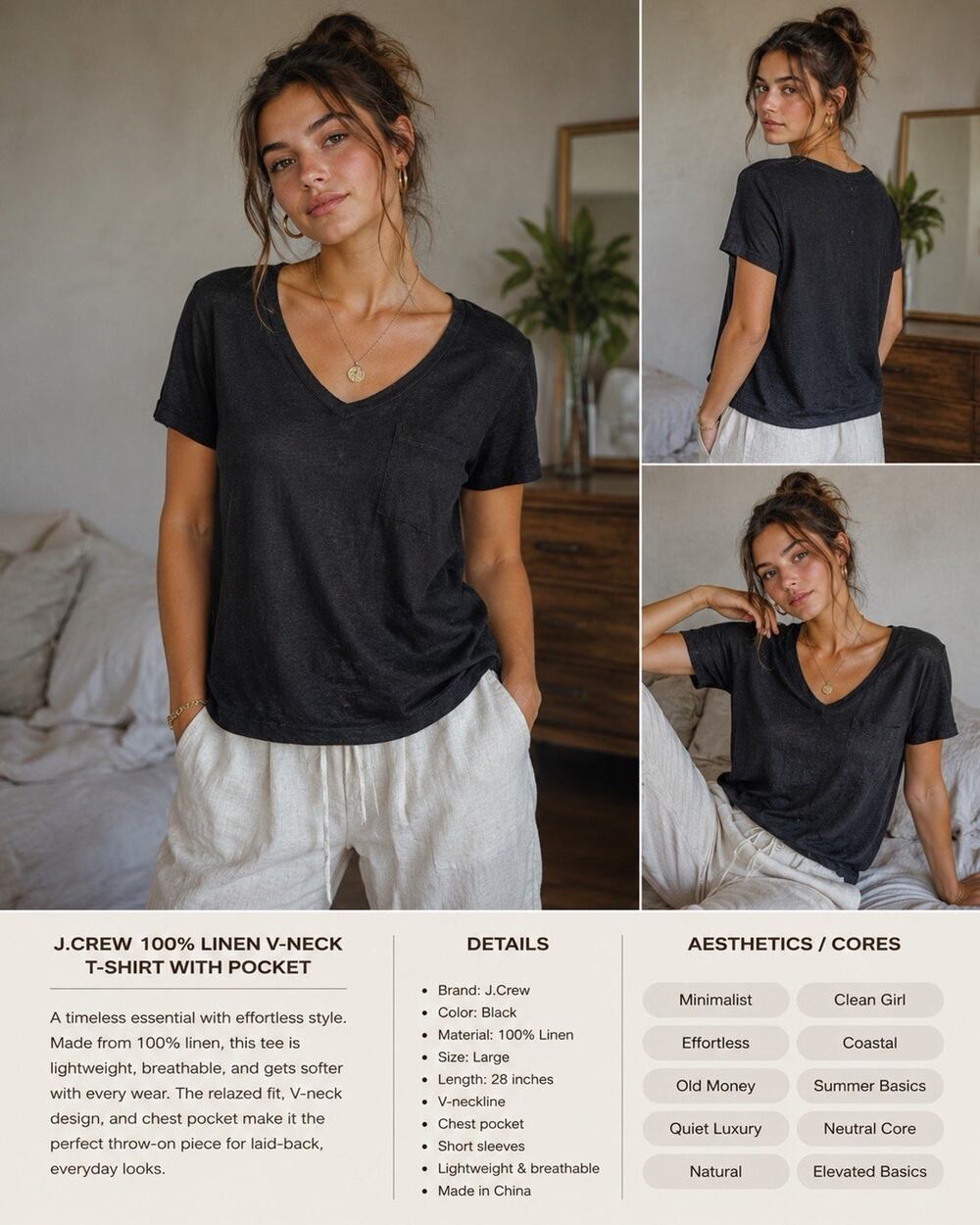 J Crew Soft Pocket Tee Black Linen Shirt Tee Large Slub